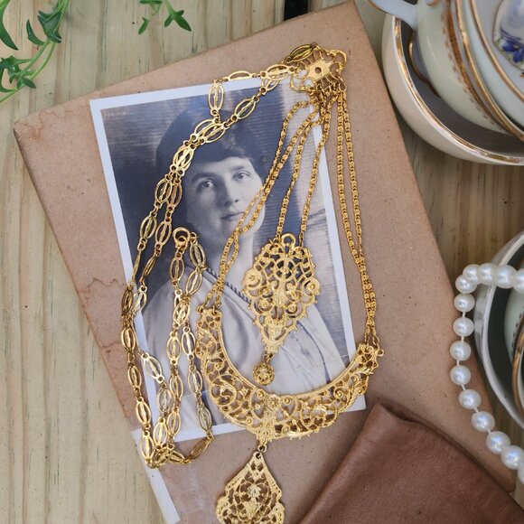 Vintage 1970's Egyptian Revival Tiered Chandelier Statement Necklace - Picture 1 of 14